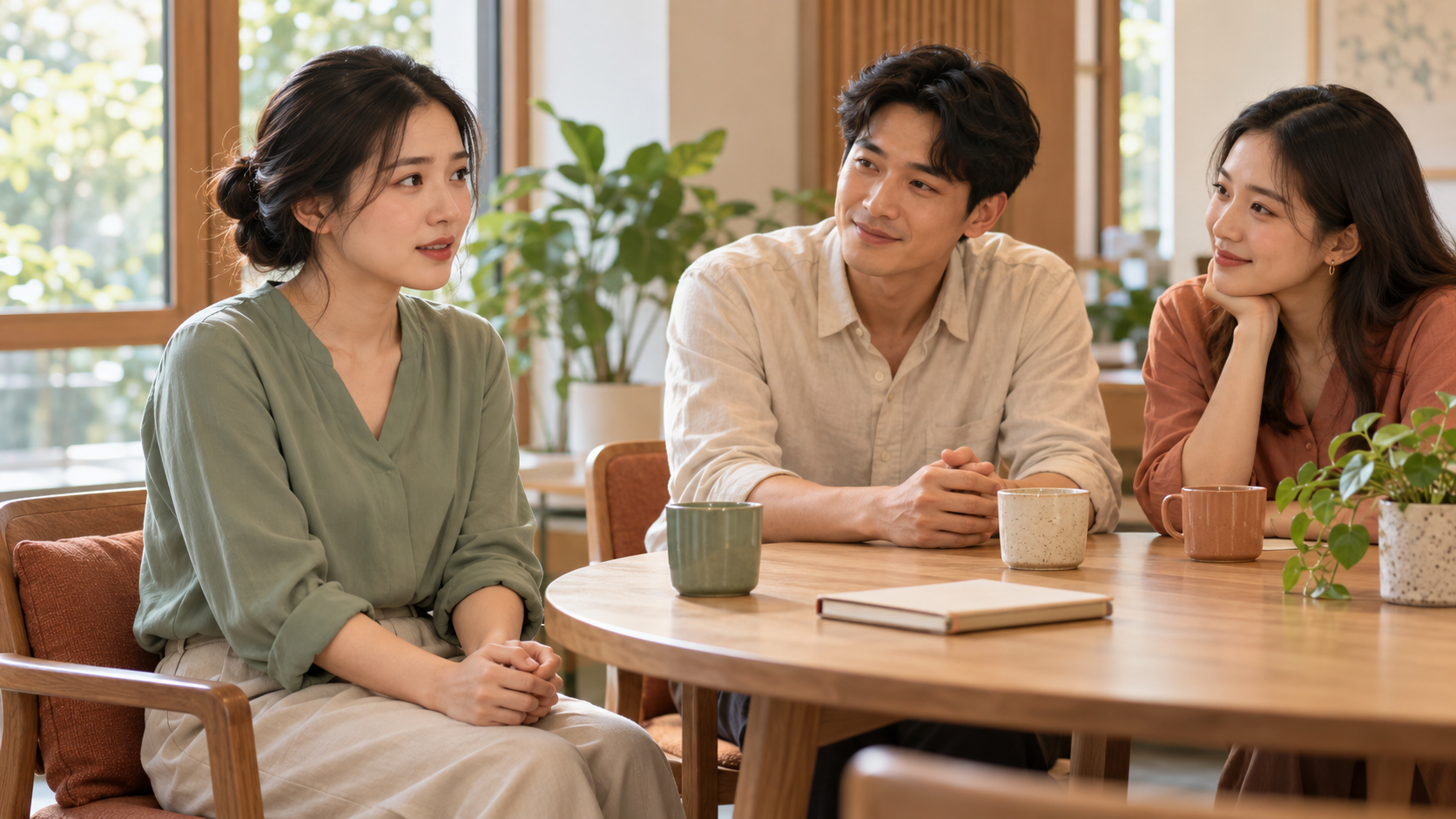 ผู้หญิงนั่งประสานมือขณะร่วมวงสนทนากับเพื่อนร่วมงานสองคนในห้องที่มีแสงธรรมชาติ